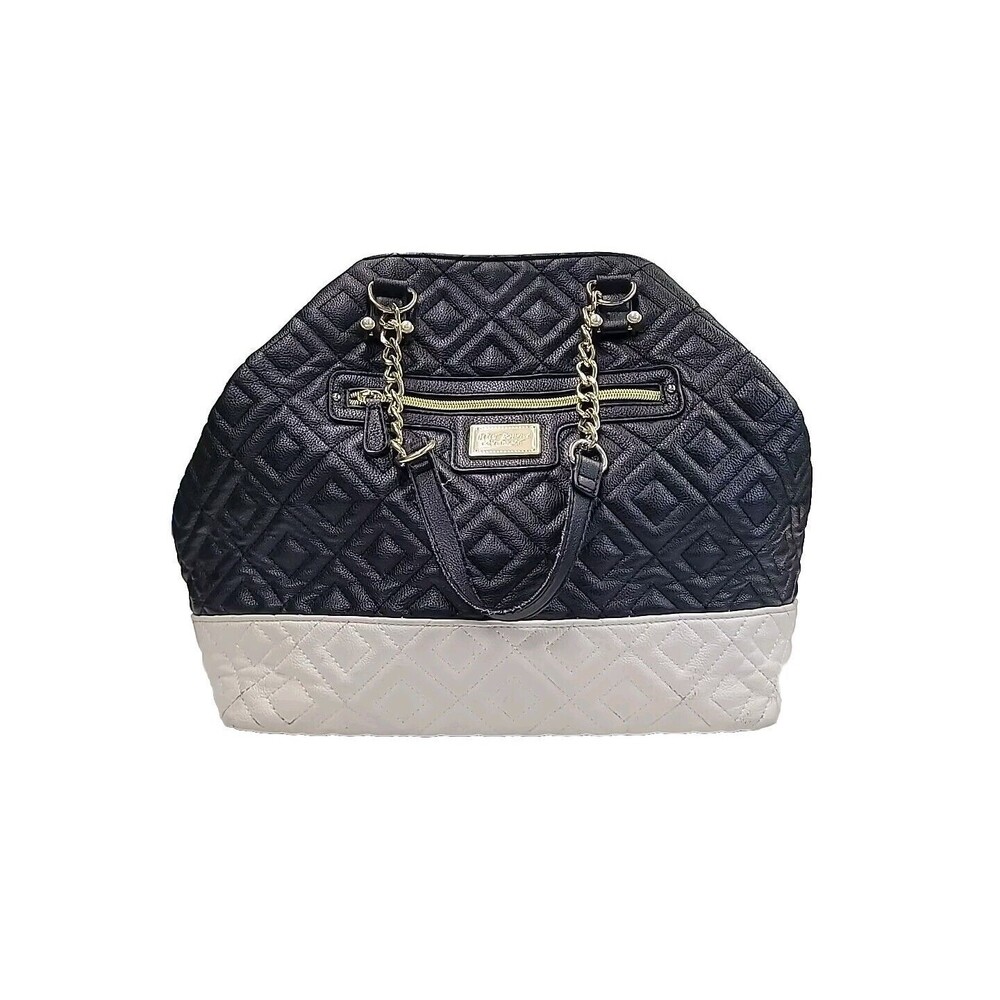 Betsey Johnson Black White Quilted Faux Leather Tote Handbag Gold Chain Pearl